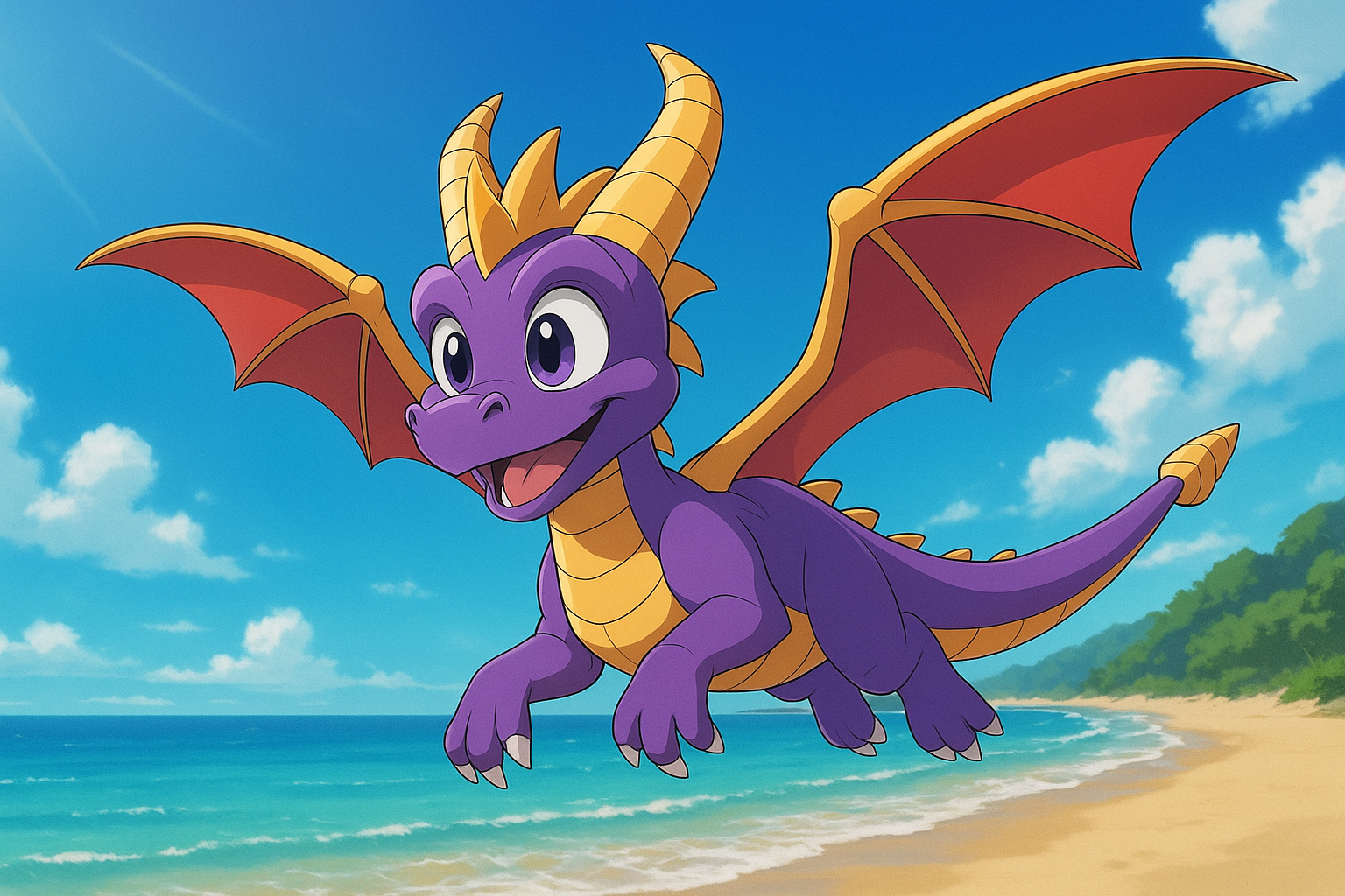 An image in a detailed anime aesthetic: expressive eyes, smooth cel-shaded coloring, and clean linework. Emphasize emotion and character presence, with a sense of motion or atmosphere typical of anime scenes. Spyro the Dragon flying over a beach