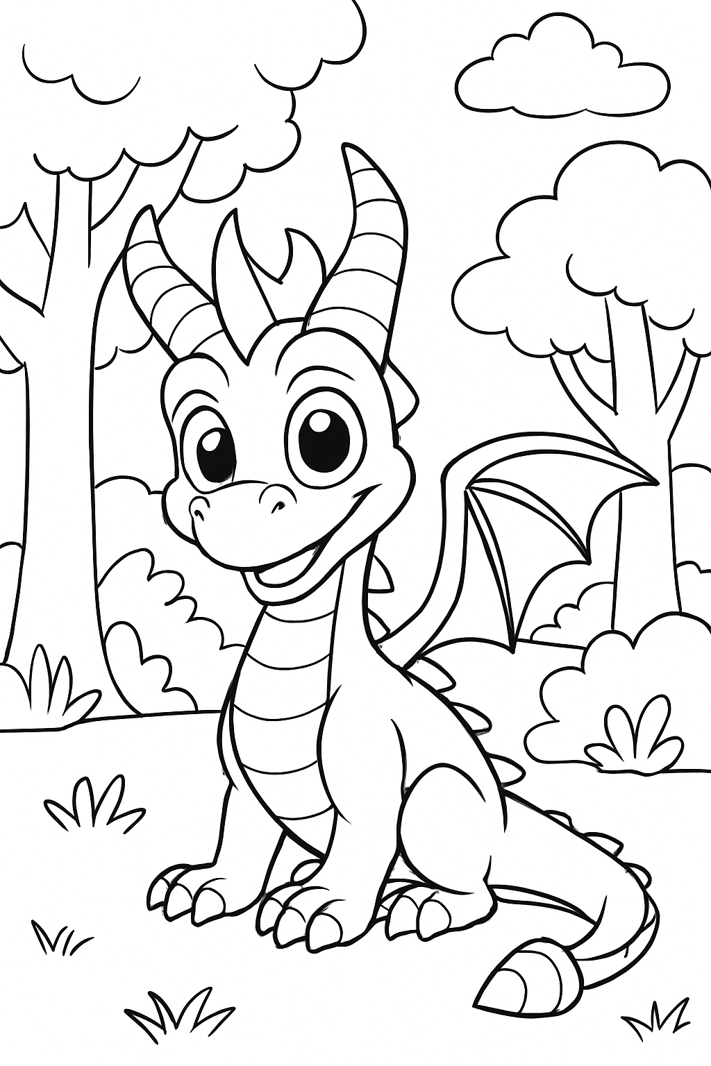 An image in a children's coloring book style: bold, even black outlines on white, no shading or tone. Simplify textures into playful, easily recognizable shapes. Spyro the Dragon sitting in a forest