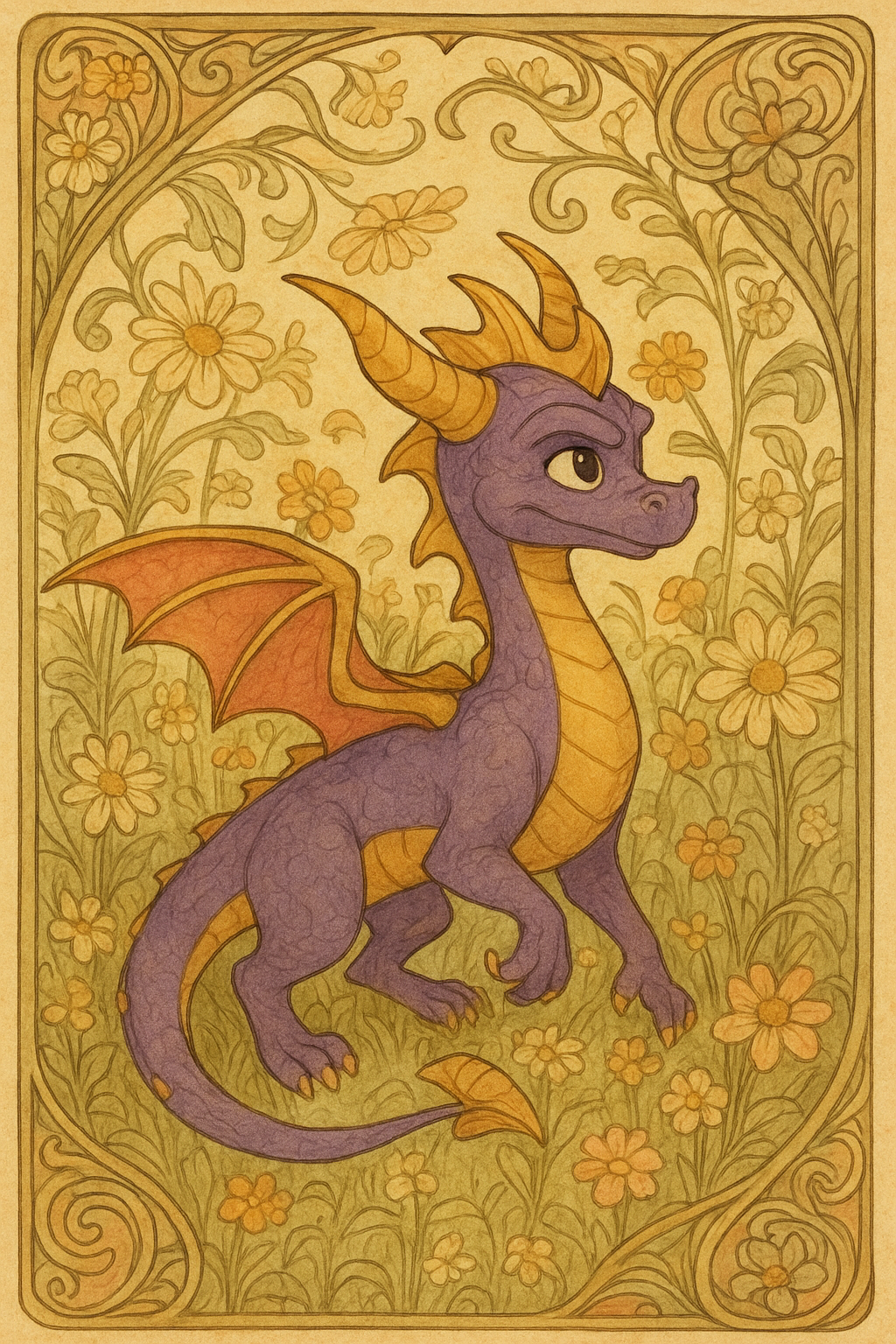 An image in an Art Nouveau style: flowing lines, organic shapes, floral motifs, and soft, decorative elegance. Spyro the Dragon in a field of flowers