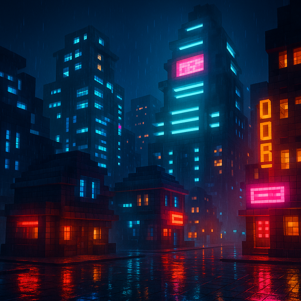 Neon cyberpunk Minecraft city with glowing skyscrapers and wet streets.