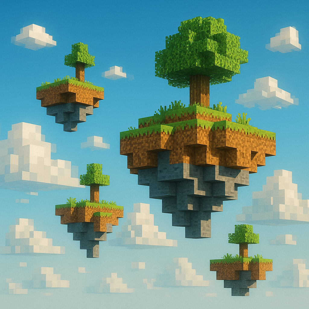 Floating Minecraft islands linked by waterfalls and vines in a bright fantasy sky.